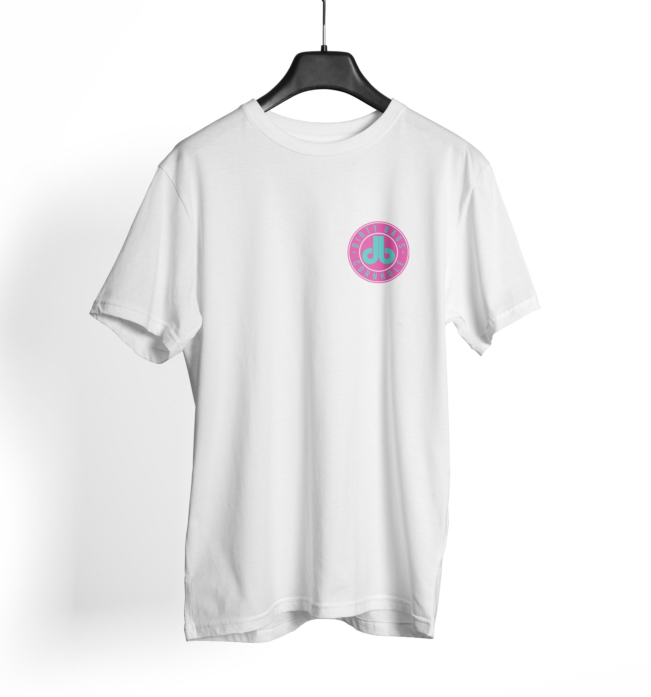 db Cornhole T Shirt - Pink and Turquoise db Badge